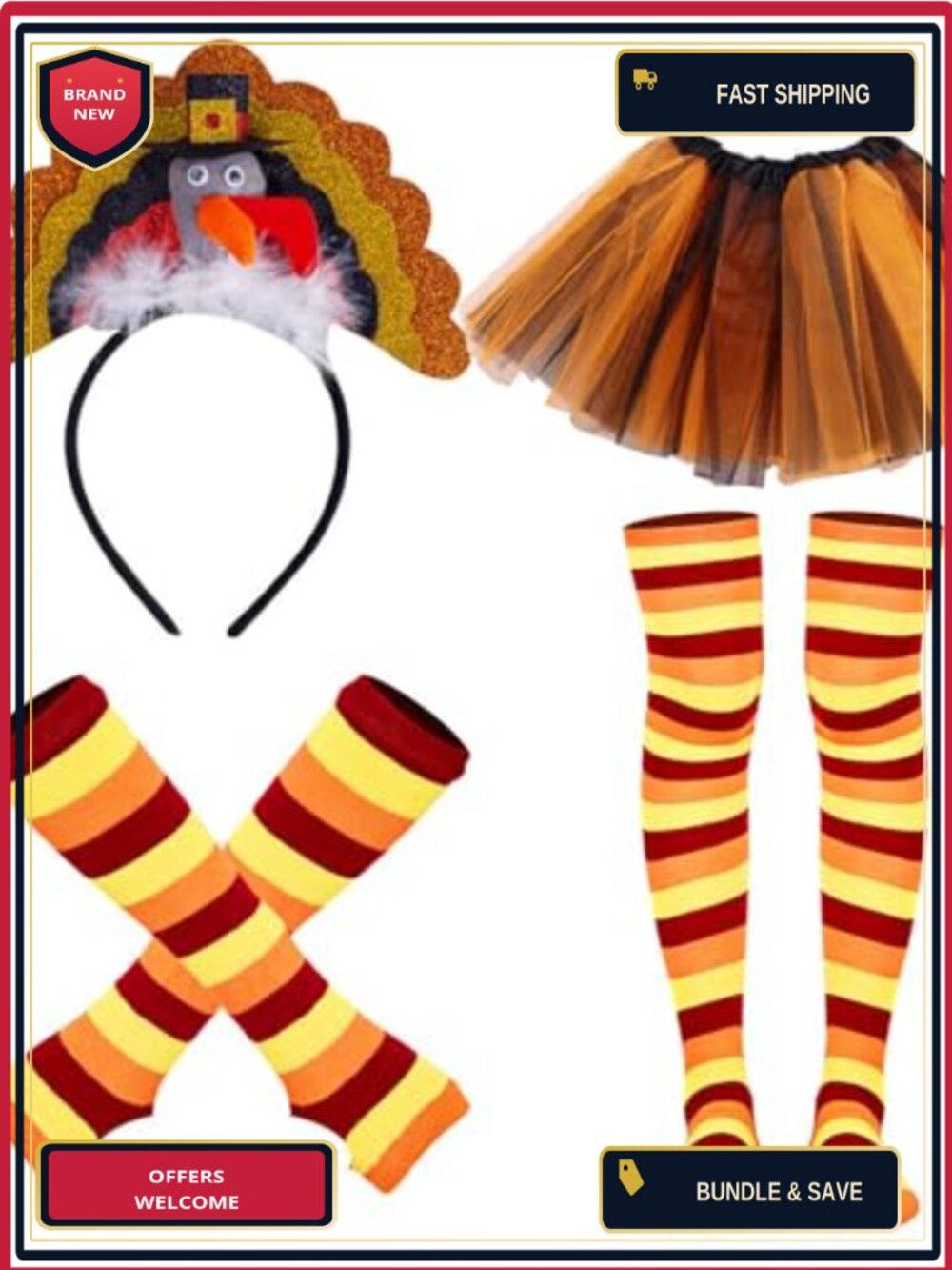 4 Piece Thanksgiving Turkey Tutu Costume Set with Headband Socks Gloves Skirt